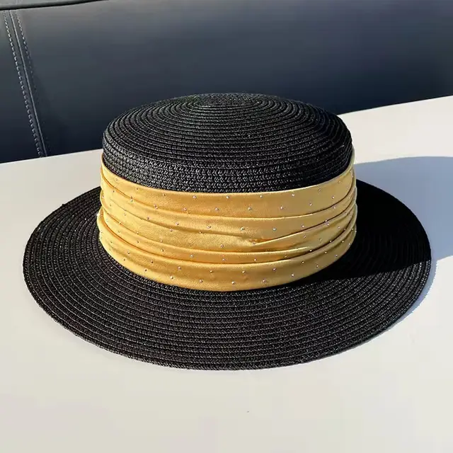 Spring And Summer Short Brim Satin Rhinestone Straw Flat Top Hat Women Black - Shop at LoveMi