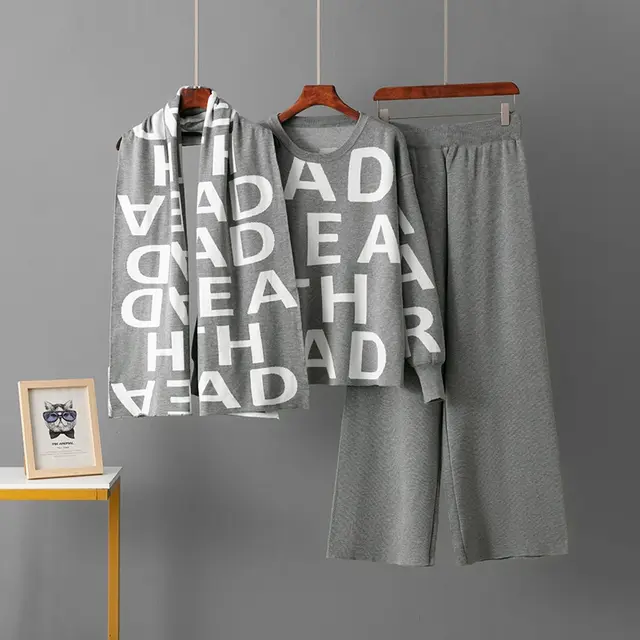 Elegant Knitting Suit Letter Shawl Woolen Round Neck Casual Wide Leg Pants Gray - Shop at LoveMi