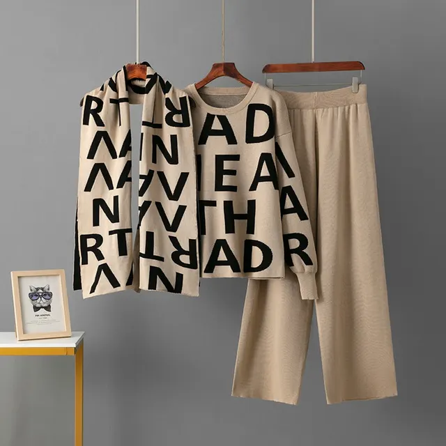 Elegant Knitting Suit Letter Shawl Woolen Round Neck Casual Wide Leg Pants Khaki - Shop at LoveMi