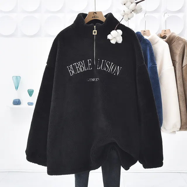 Velvet Padded Loose Mid length Half Zipped Stand Collar Sweater Black - Shop at LoveMi