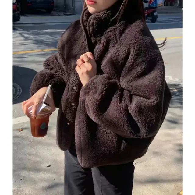Loose Lamb Wool Long Sleeve Coat Brown - Shop at LoveMi