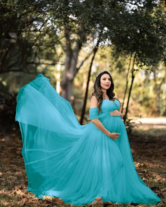Chiffon Pregnant Floating Tail Floating Sleeve Photography Dress Light Water Blue - Shop at LoveMi