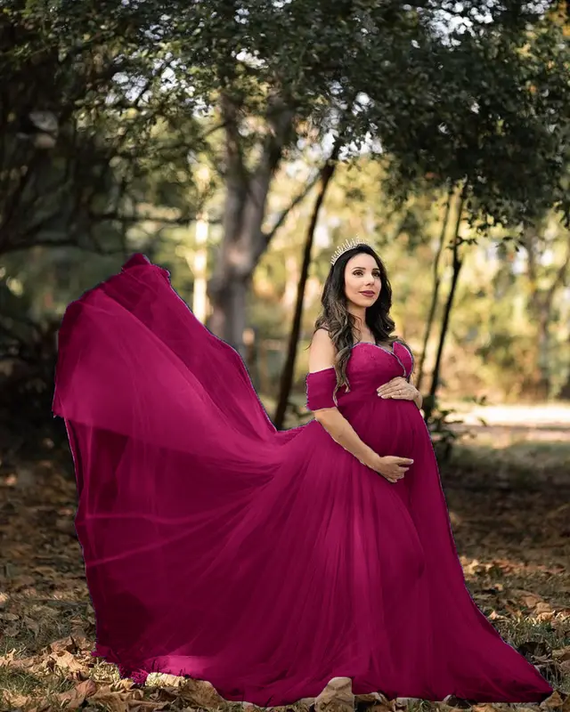 Chiffon Pregnant Floating Tail Floating Sleeve Photography Dress Wine Red - Shop at LoveMi
