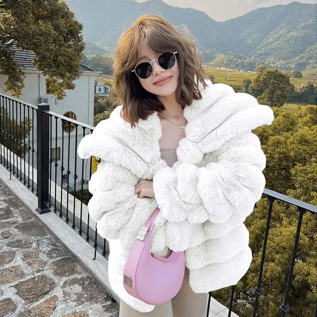 Elegant Furry Mink Fashion Short Thickened Fall Winter Coat Beige Cotton - Shop at LoveMi