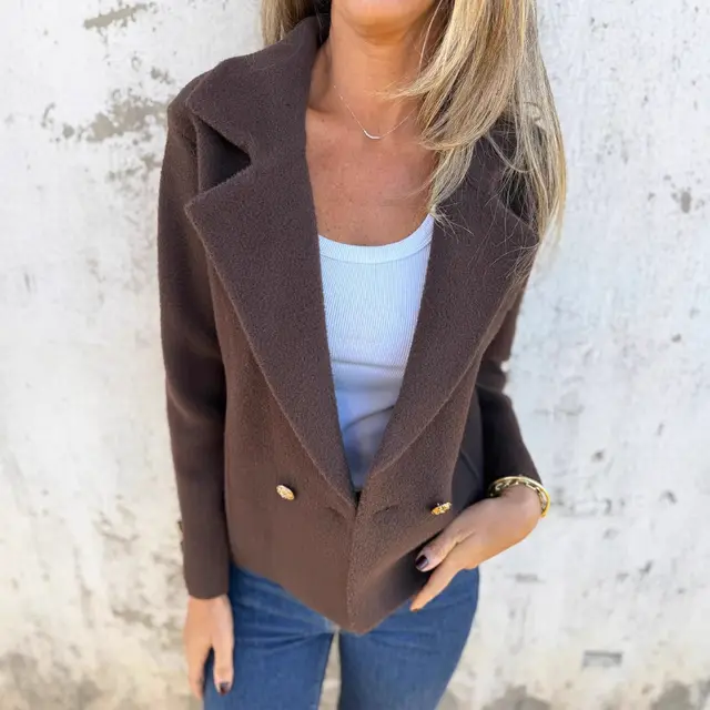 New Women's Casual Woolen Button Graceful Suit Jacket Dark Brown - Shop at LoveMi