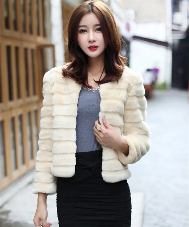 Korean Style Faux Rabbit Fur Mink Fur Long Sleeve Coat Beige - Shop at LoveMi
