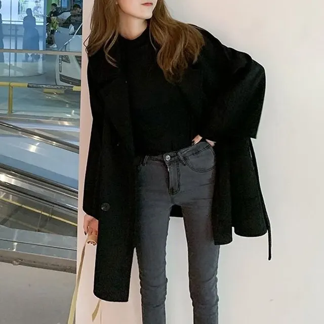 Winter Women's Korean style Hepburn style Loose Mid length Faux Wool Coat Black - Shop at LoveMi