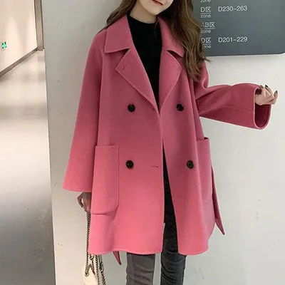 Winter Women's Korean style Hepburn style Loose Mid length Faux Wool Coat Rose Red - Shop at LoveMi