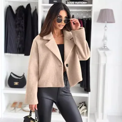 Fall Winter Fashion Suit Collar Solid Color Wool Small Coat Women's Clothing Apricot - Shop at LoveMi