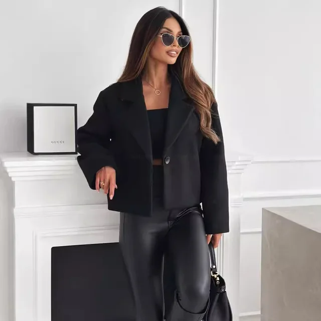 Fall Winter Fashion Suit Collar Solid Color Wool Small Coat Women's Clothing Black - Shop at LoveMi