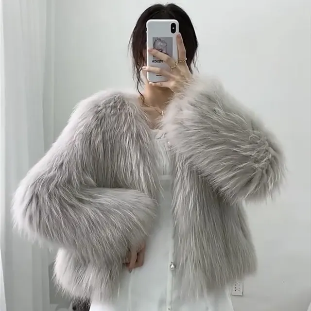 New Slim fit Slimming Whole Leather Fox like Coat Gray - Shop at LoveMi