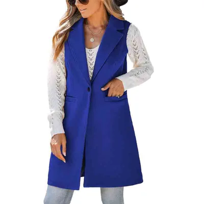 European And American Fall And Winter Lapels Button Sleeveless Woolen Coat For Women Blue - Shop at LoveMi