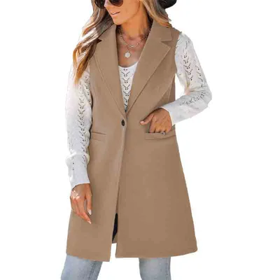 European And American Fall And Winter Lapels Button Sleeveless Woolen Coat For Women Khaki - Shop at LoveMi