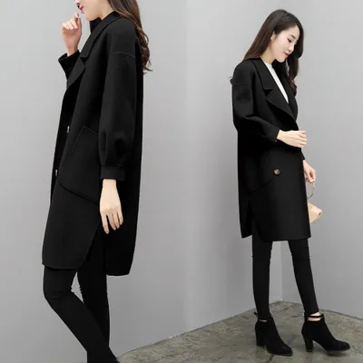 Purple Woolen Coat Women's Mid length Lantern Sleeve Black - Shop at LoveMi