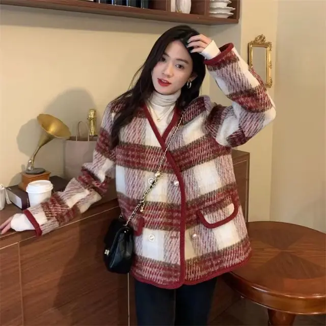 High Sense Classic Style Plaid Wool Coat Red - Shop at LoveMi