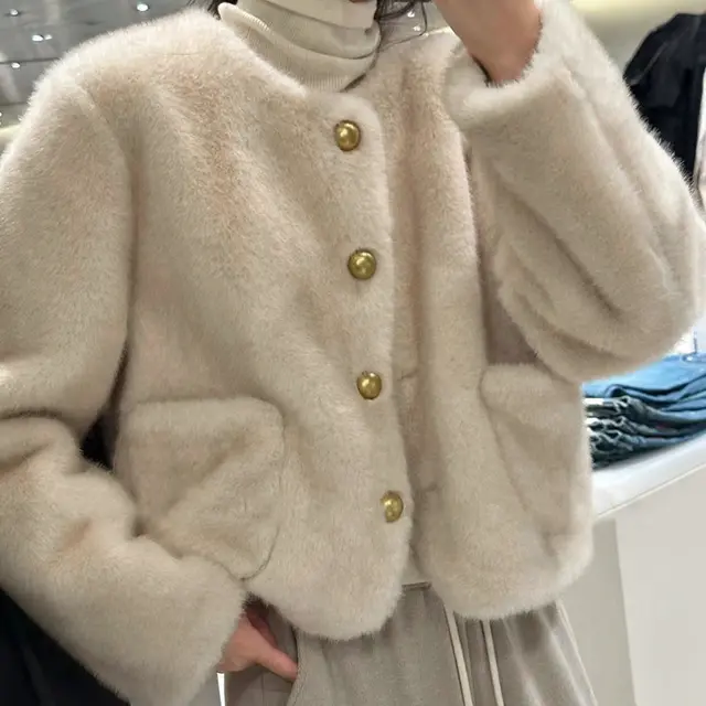 Integrated Artificial Mink Fur Short Coat Beige - Shop at LoveMi