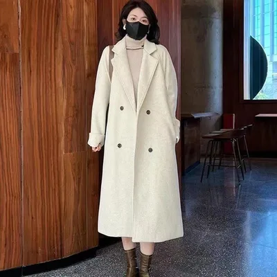Suit Collar Wool Mid length Plush Woolen Coat Clipped Button And Lining Apricot - Shop at LoveMi