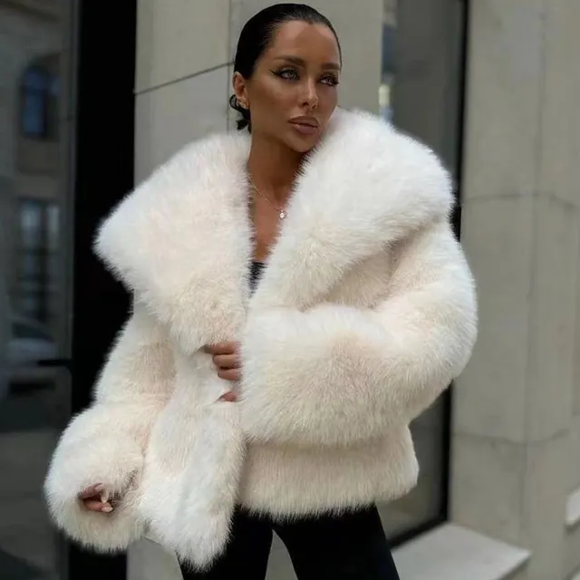 Women's Fluffy Casual Fox Fur Jacket Women's Clothing Beige - Shop at LoveMi