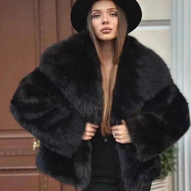 Women's Fluffy Casual Fox Fur Jacket Women's Clothing Black - Shop at LoveMi