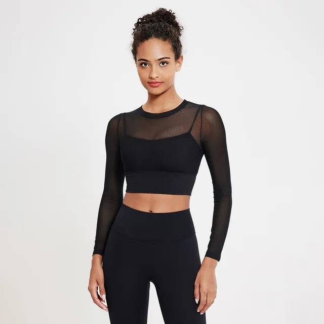 Mesh Round Neck Yoga Clothes Long Sleeve Running Quick drying Sports Bra Black - Shop at LoveMi