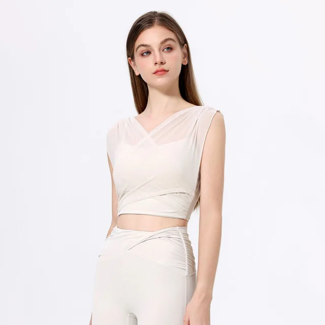 European And American Mesh Yarn False Two Pieces Sports Top For Women White - Shop at LoveMi