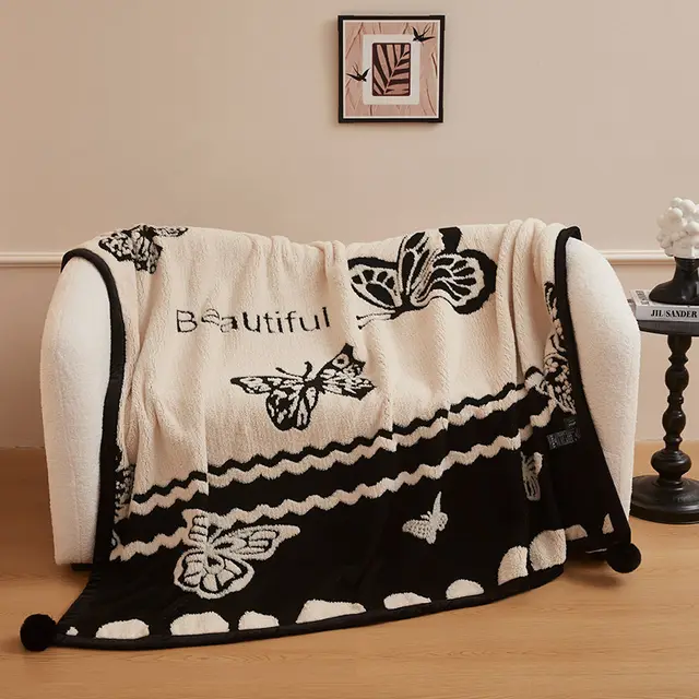 Autumn And Winter New Black And White Cationic Panda Velvet Multifunctional Blanket English Butterfly Ball - Shop at LoveMi