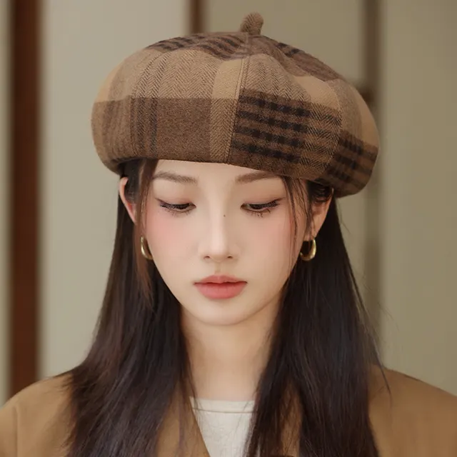 British Style Retro Plaid Octagonal Hat Japanese Style Fashion All matching Mm2084 Coffee - Shop at LoveMi
