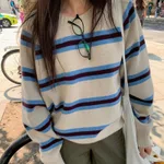 Striped Contrast Color Round Neck Pullover All-matching Knitwear Sweater - Apricot
