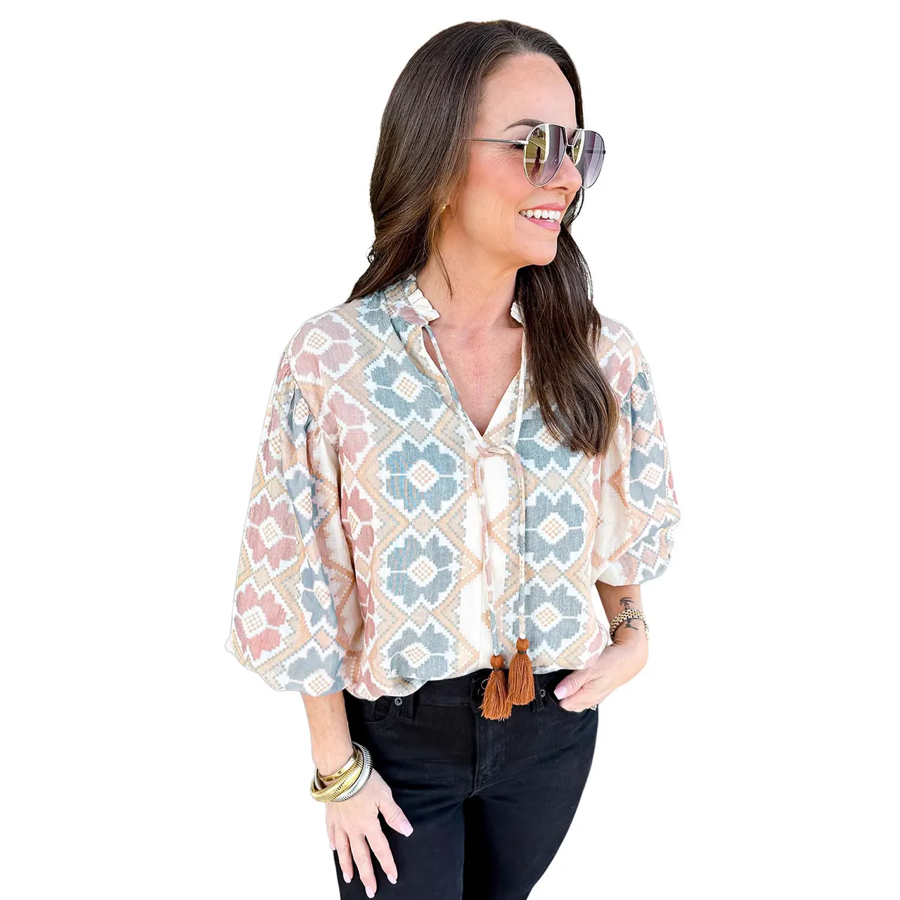 Retro Lace Up Shirt Women's Elegant Cropped Sleeves Top - Khaki Printing