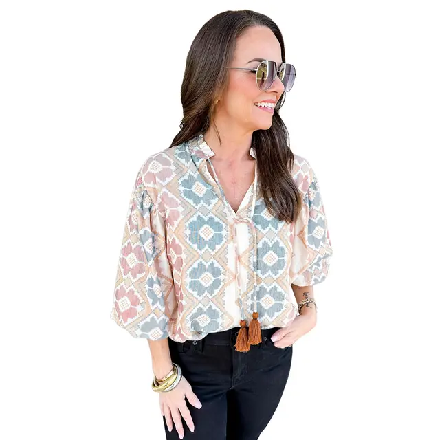 Retro Lace Up Shirt Women's Elegant Cropped Sleeves Top Khaki Printing - Shop at LoveMi