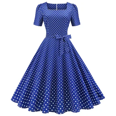 Square Collar Polka dot Slim fit Large Swing Dress Sapphire Blue - Shop at LoveMi