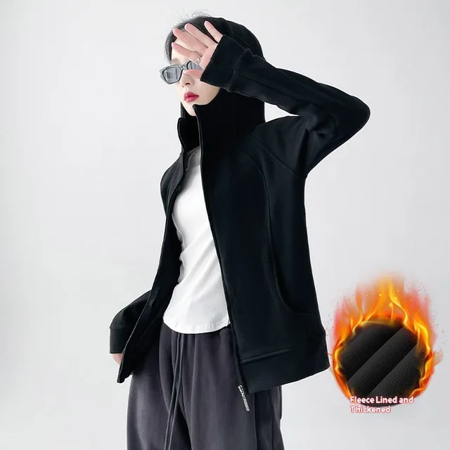 Women's Fleece lined Casual Sweatshirt Retro Sports Coat Black Velvet - Shop at LoveMi