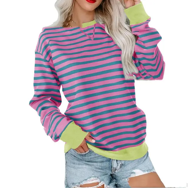 Striped Contrast Color Round Neck Trendy Long sleeve Rose Pink And Green Stripes - Shop at LoveMi