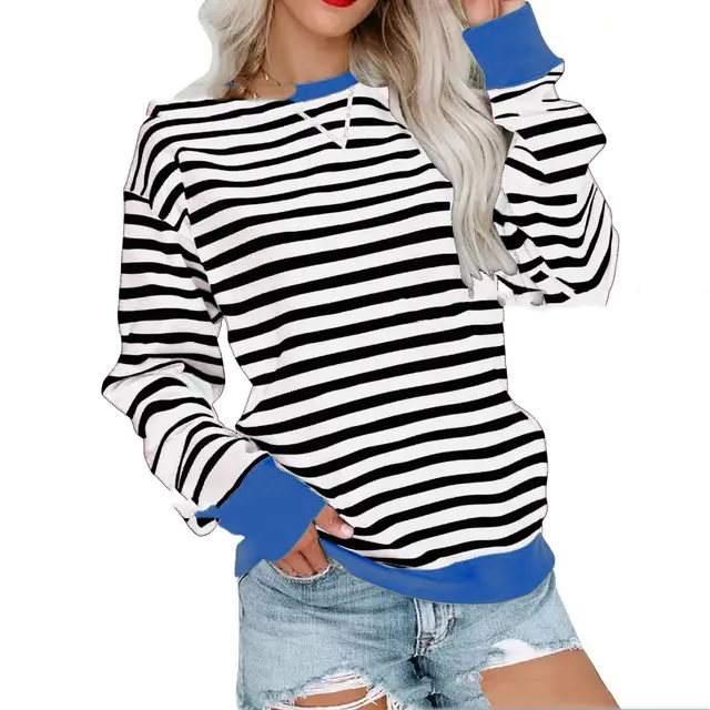 Striped Contrast Color Round Neck Trendy Long sleeve White With Black Stripes - Shop at LoveMi