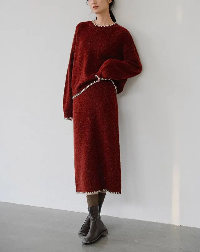 Round Neck Contrasting Edge Knitted Skirt Set Wine Red - Shop at LoveMi
