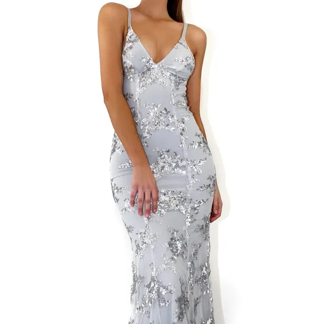 Dress V neck Brace Backless Sequined Lace up Gray - Shop at LoveMi