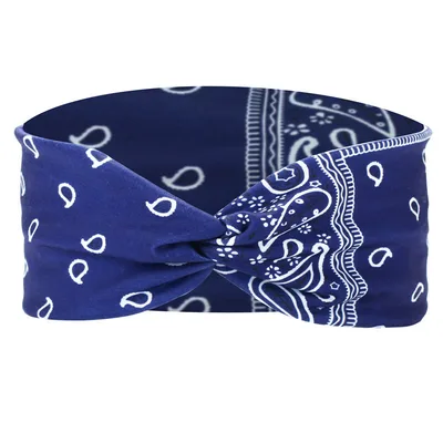 Printed Sports Headband Elastic Knotted Cross Hair Band Paisley Turban Navy Blue - Shop at LoveMi