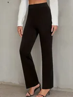 Casual Solid Color Straight High Waist Trousers - Black