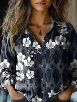 Women's Irregular Navy Floral Print Casual Long Sleeve Cotton Shirt - Navy Blue