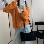 Laid-back Preppy Style Fake Two-piece Knitted Sweaters Top - Orange