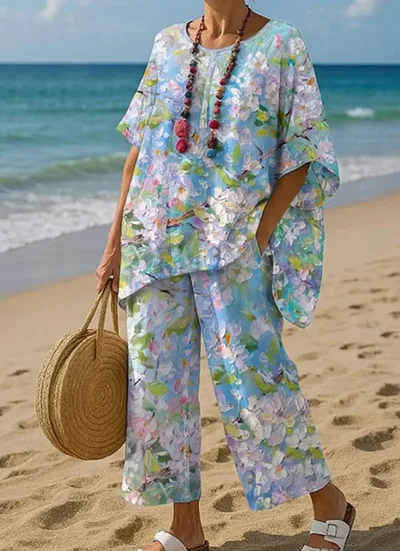 Women's Floral Print T Shirt & Pants Set Blue - Shop at LoveMi