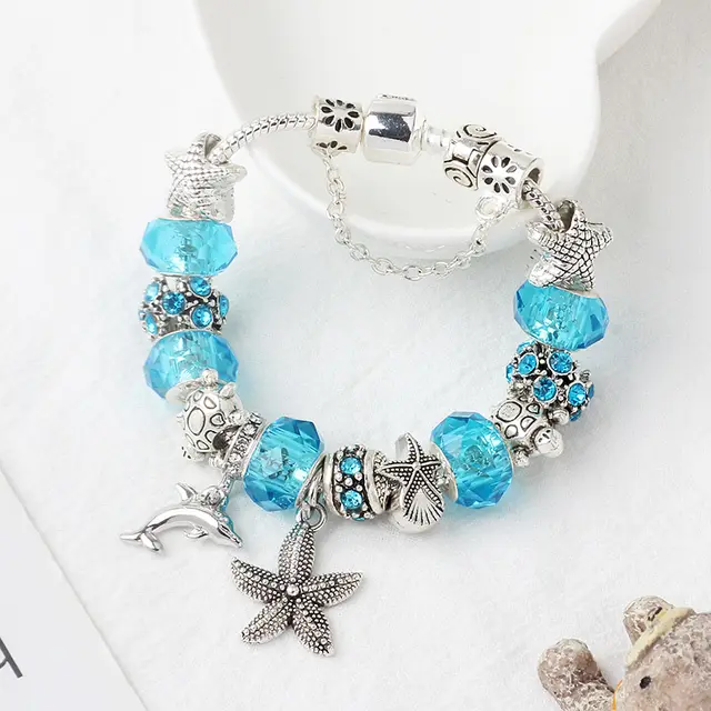 Blue Ocean Dolphin Starfish Pendant Beaded Bracelet 19Cm - Shop at LoveMi