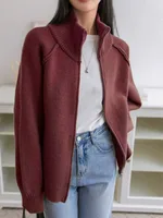 Solid Color Stand Collar Zipper Knitted Cardigan Top - Red