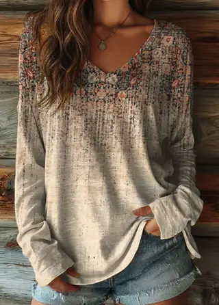 Women's Retro Texture Art Print Casual V-neck Long Sleeve T-shirt - Multicolor