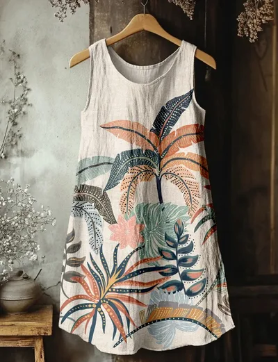 Women's Vintage Boho Pattern Print Linen Blend Tank Dress Beige - Shop at LoveMi