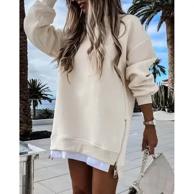 Fall Winter Fashion Stitching Side Zipper Design Pullover Sweater For Women Apricot - Shop at LoveMi