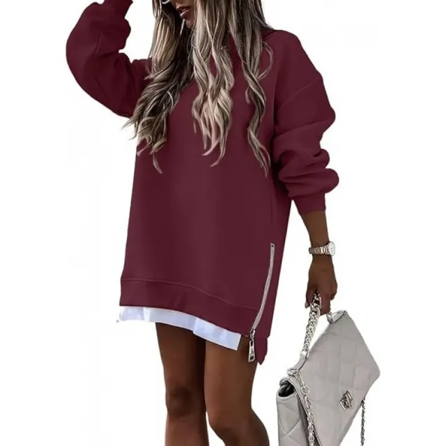 Fall Winter Fashion Stitching Side Zipper Design Pullover Sweater For Women Wine Red - Shop at LoveMi