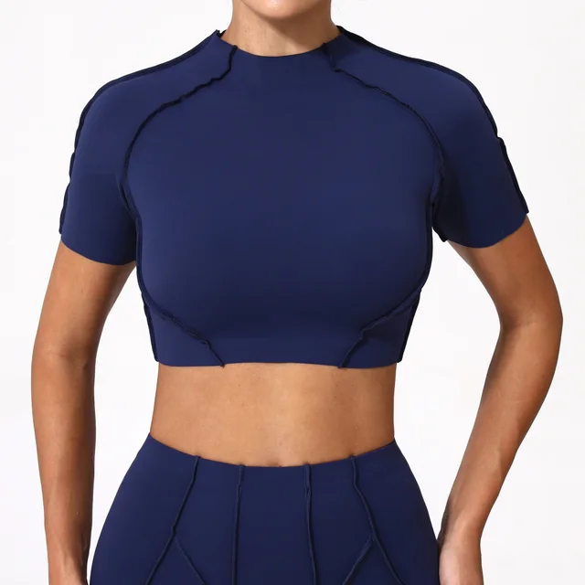 New Yoga Wear Women Without Chest Pad Flattering Short Sleeve Top Navy Blue - Shop at LoveMi