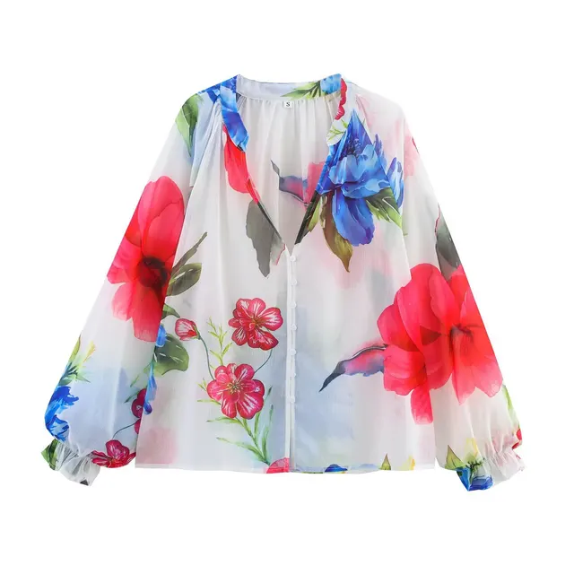 New European And American Style Women's Long Sleeve Loose Chiffon Printed Shirt Picture Color - Shop at LoveMi