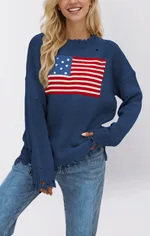 Round Neck European And American Fashion Sweater Women - Denim Blue